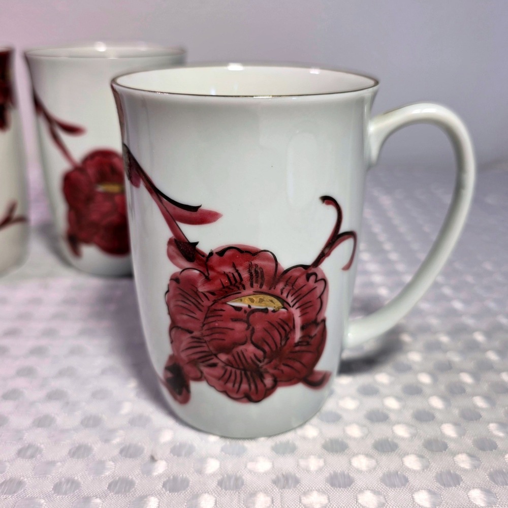 Takahashi San Francisco Hand Painted Floral Mugs Set of 4 Burgundy Gold Trim